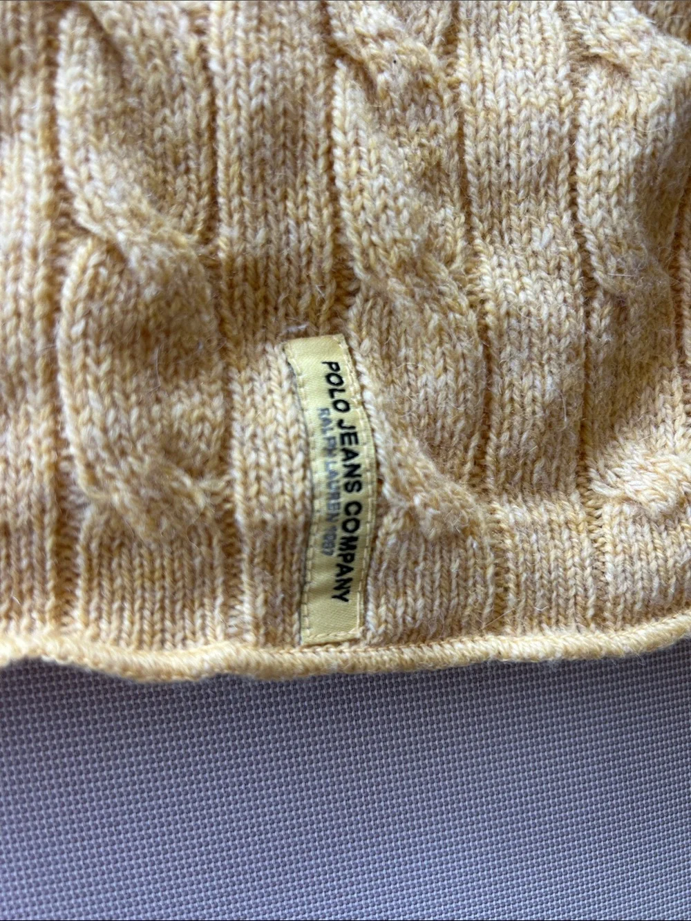 Polo by Ralph Lauren 100 % Wool Men's Pale Yellow Cable Knit Crewneck Sweater